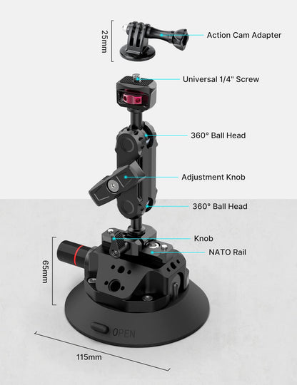 Ulanzi SC-02 Heavy-Duty Suction Cup Mount for Camera/Accessory (4.5"), Pump-actived Vacuum Camera Suction Cup Mount for Action Cameras w Quick Release NATO Magic Arm Car Boat Windshield Window Mount