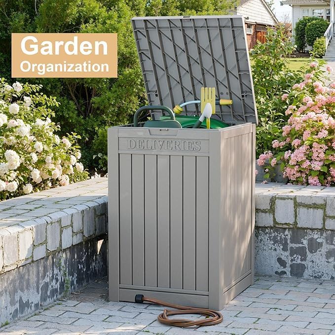 DRATO 48 Gallon Package Delivery Box, Large Lockable Storage Box, Double-Wall Resin Outdoor Package Delivery and Waterproof Deck Box for Porch, Patios（ Grey，48 Gallon）