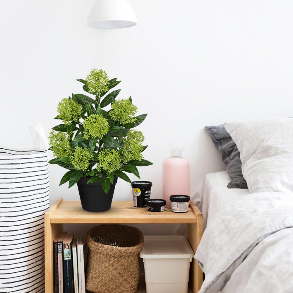 Briful Artificial Skimmia Japonica Plant in Pot, 20.8" Tall Faux Green Berry Flowers with Black Pot, Realistic Potted Floral Arrangement for Home Office Table Shelf Decor