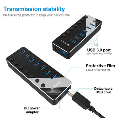RSHTECH USB Hub Powered 7 Port USB 3.0 Data Hub Aluminum USB Extension Splitter with Individual On/Off Switch Universal AC to DC 5V Power Adapter (RSH-518)