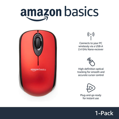 Amazon Basics 2.4 GHz Optical Wireless Mouse for Laptop and Computer, USB Nano Receiver, Red