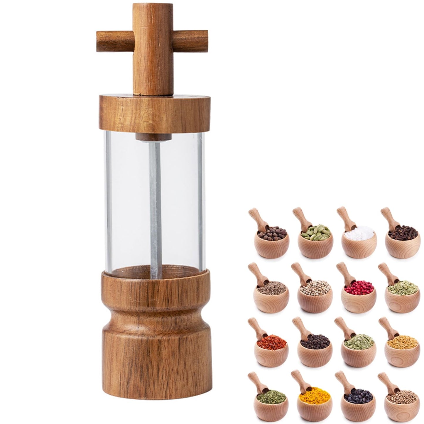 Wooden Pepper Grinder Acacia Wood Manual Mill, 7 inch, Adjustable Coarseness, Kitchen Spice Grinding Tool