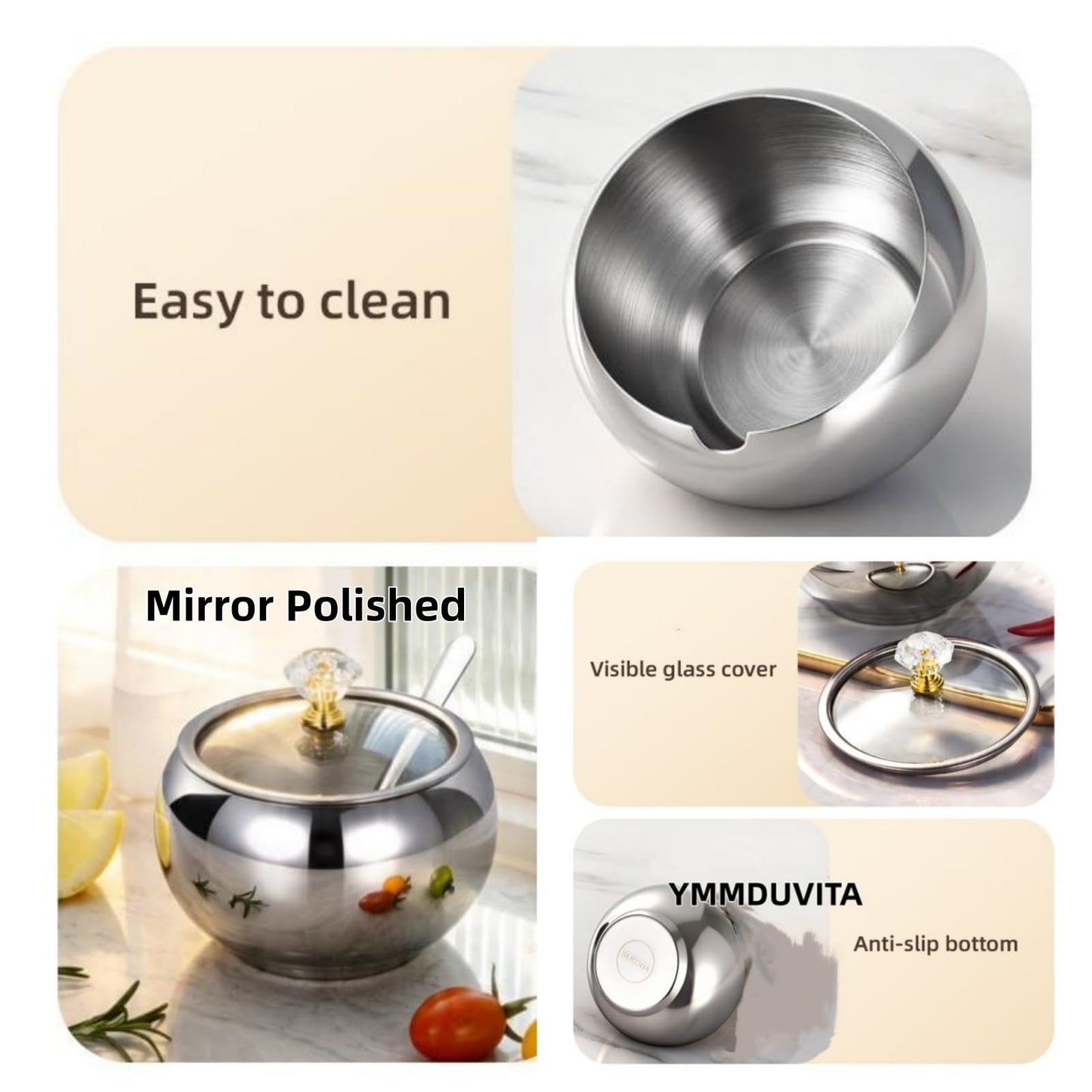 YMMDUVITA Stainless Steel Sugar Bowl with Lid & 2 Spoons, 500ml Container for Kitchen, Ideal for Storing Sugar, Coffee, and Spices