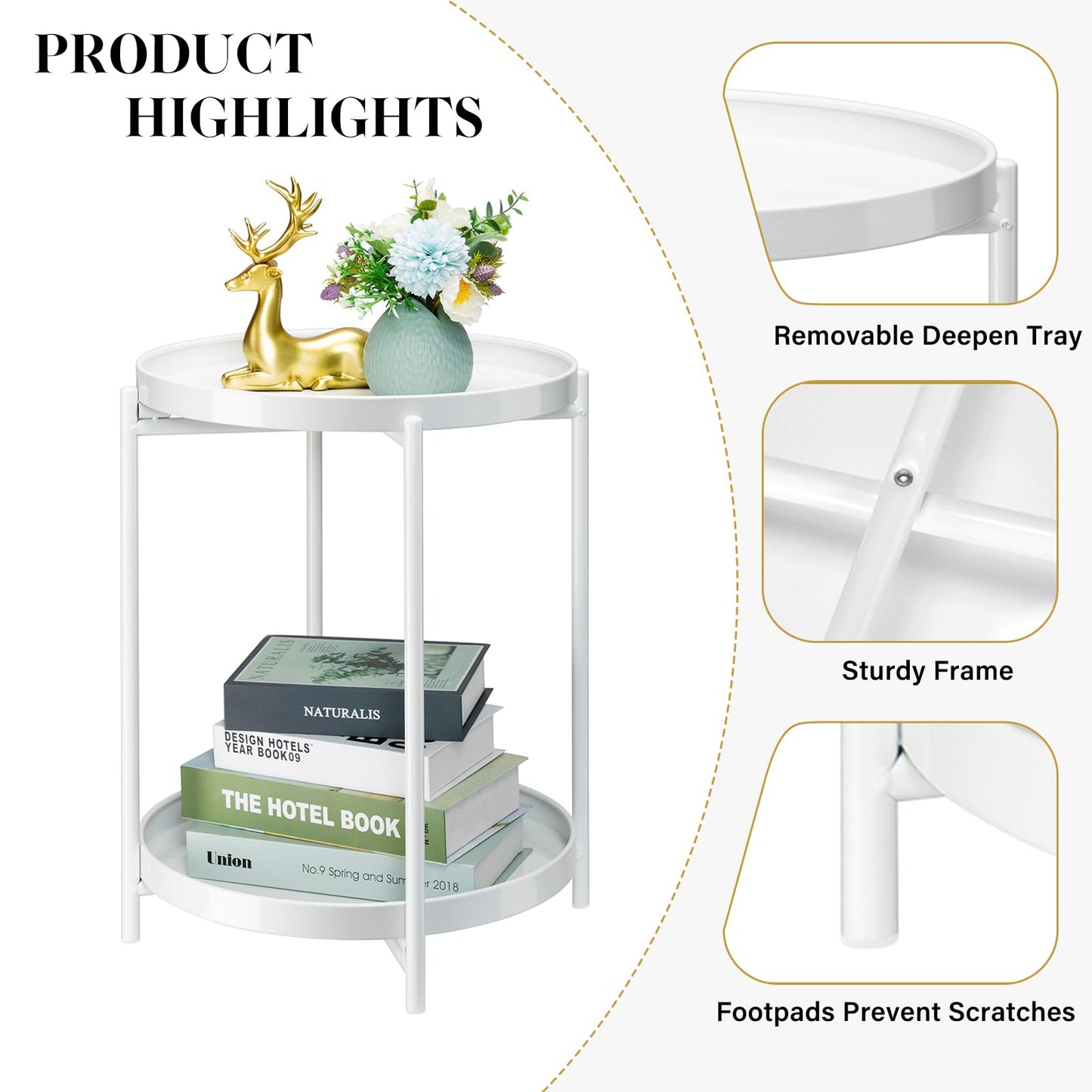 Danpinera 2 Tier Metal Side Table with Removable Tray - Round Accent Table, Anti-Rust White Nightstand for Bedroom, Balcony, Patio
