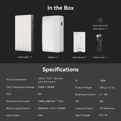 SmallRig RM120 RGB Video Light, 5000mAh 180 Minutes Portable Camera Light 7W Output Power, LED Video Light Panel, 2500-8500K CRI TLCI 98+ for TikTok, Content Creator, Photographer