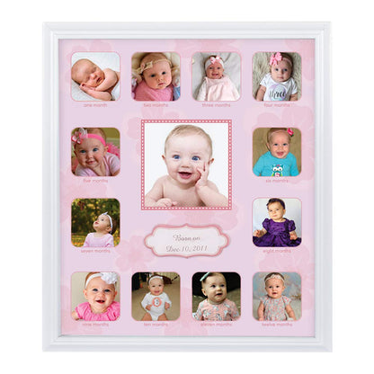 Comfecto 12 Month Baby Picture Frame Collage, Babies First Year Photo Frame, First Year Baby's Memory Frame, Milestone Keepsake Display for Newborn, Baby Registry Gift for Expecting Parents, Pink