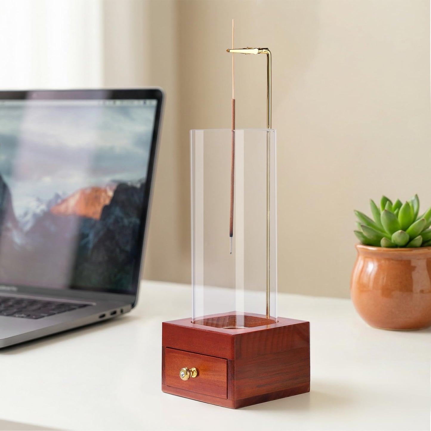 LIGOFLORA Brown Wooden Incense Holder with Easy-Clean Ash Catcher Drawer, Vertical Incense Burner with Windproof Glass Tube & Stainless Steel Base for Meditation, Includes 20 Sticks