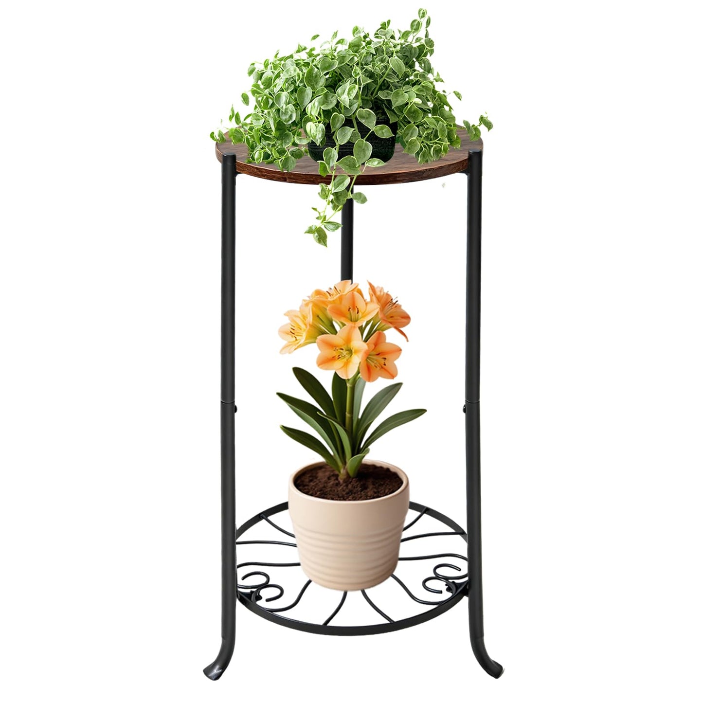 Uniqcovosa Plant Stand Indoor, 2 Tier Wood Round Potted Holder Rack, 27 " Tall Flower Pot Stand Shelf, Round Supports Plant Stand for Large Plants, Corner Plant Shelf for Balcony Garden Patio Living Room, Brown