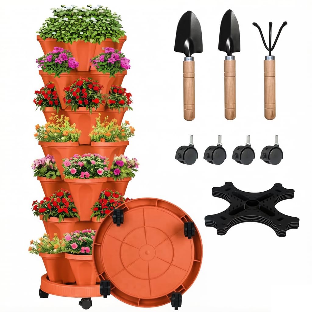 SunFunUSA 7 Tier Vertical Strawberry Planter-Tower Stackable Herb Planter Stacking Garden Planters Pot Outdoor with Tools Mover for Growing Flowers, Vegetables and Succulents, Red