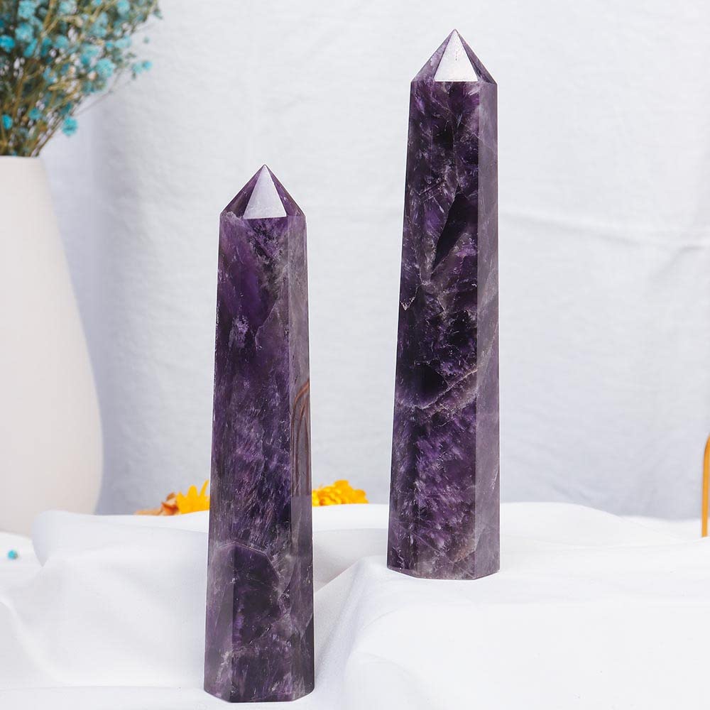 Apengshi Amethyst Large Crystal Tower Natural Dream 5.9"-6.3" 6 Faceted Single Point Chakra Healing Crystal Wand Energy Meditation Stone Home Decor Collection Gift