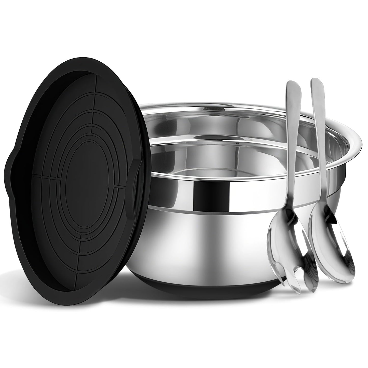 ShineMe Stainless Steel Salad Bowl with Lid, Extra Large Metal Bowl with Serving Utensils for Preparing, Mixing, Marinating, and Serving with Anti-slip Bottom, Unbreakable Kitchen Bowls 7QT