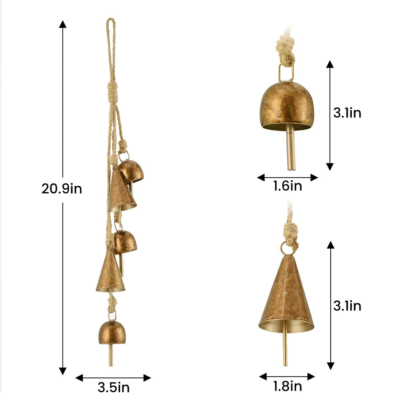 Rustic Gold Metal Bells with Jute Rope for Christmas Tree, Wreath, Party, Wedding Decor - 3.5W x 21H