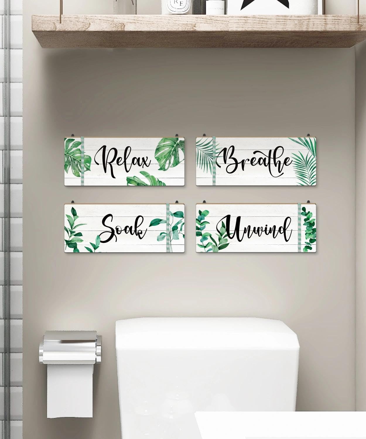 Putuo Decor Bathroom Wall Decors Relax Soak Breathe Unwind Wall Decor Set of 4, Botanical Bathroom Quote Wood Sign Panels, Spa Style Hanging Wall Art for Bathroom, Bedroom, Yoga Room, Apartment
