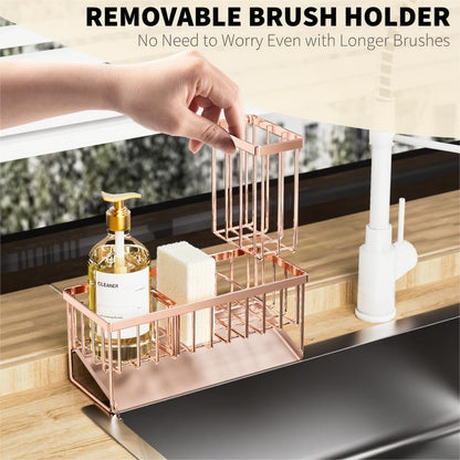 Cisily Kitchen Sink Caddy Organzier with High Brush Holder, Sponge Holder for Sink, 304 Rustproof Stainless, Kitchen Countertop Soap Dispenser Organizer, Kitchen Decor and Accessories