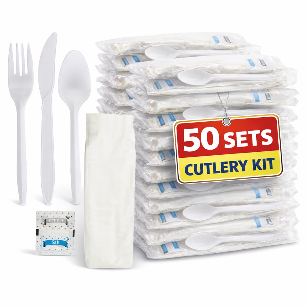 1InTheHome Cutlery Set Disposable, Plastic Wrapped Cutlery Kit (Knife/Fork/Teaspoon/Napkin/Salt and Pepper), Heavy Duty, 50 Pack