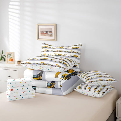 Erosebridal Cartoon Car Comforter Set with Sheets Twin Size Truck Excavator Bed in A Bag 7 Piece Yellow Tractor Bedding Set for Kids Boys Children Bedroom Construction Vehicle Bulldozer Bed Sets