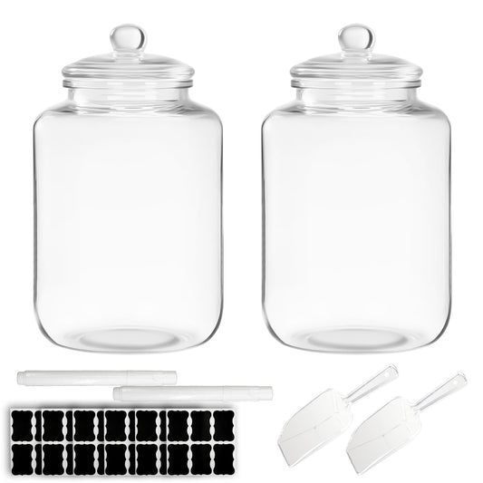 LECEHIVO 2 Pcs 6 Gallon Glass Jar with Lid Large Airtight Food Storage Canister Big Opening Cookie Canning Pot Containers for Flour, Sugar, Dog Treats, Candy, Pasta, and Kitchen Use
