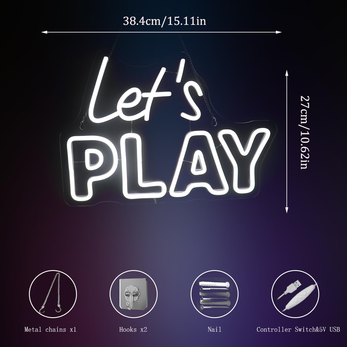 "Let's Play" Playful Neon Light - Fun & Engaging LED Wall Art for Game Room, Playroom, Kids Bedroom or Family Room Decor, Dimmable USB, Inviting Gift for Gamers, Kids & Families