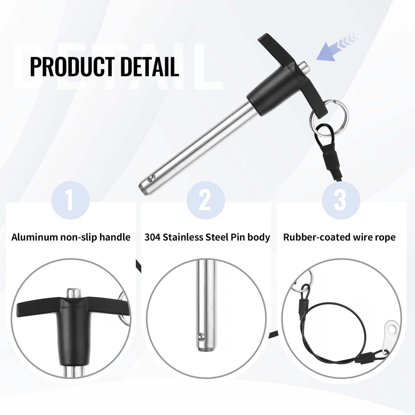 VXCICC 2 Pack T Handle Quick Release Pin 0.24 Inch Diameter,304 Stainless Steel Ball Locking Pin with Push Button Lanyard Usable Length 2.76"(6mm x 70mm)