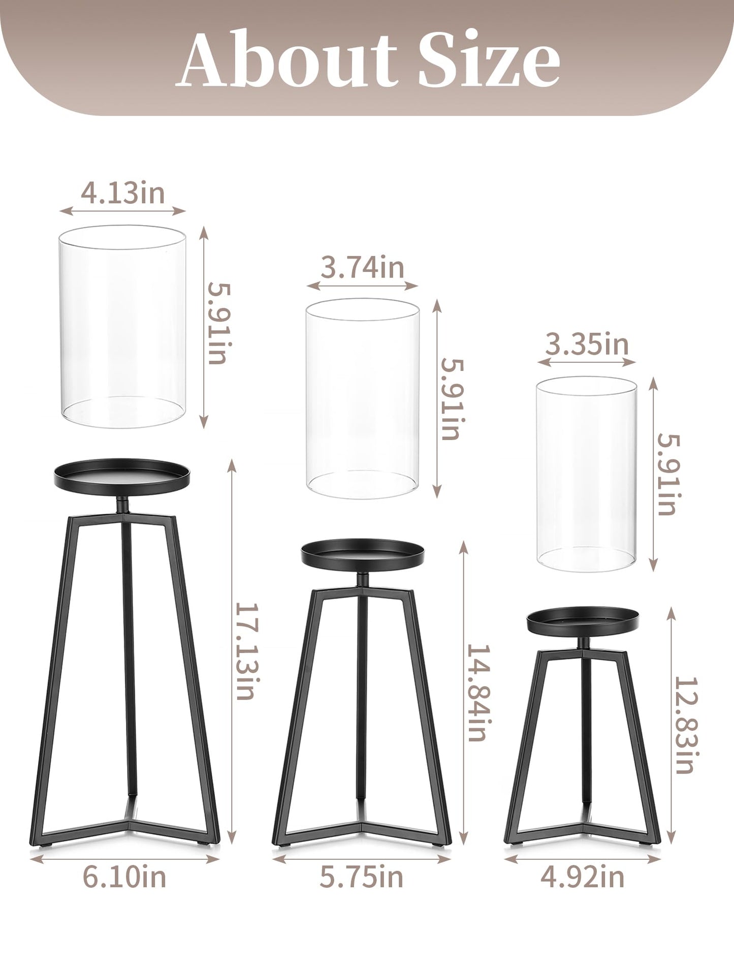 Sziqiqi Pillar Candle Holders Black: Set of 3 Metal Candleholder - Geometric Candle Stands with Hurricane Glass for Indoor Outdoor Dining Table Decor