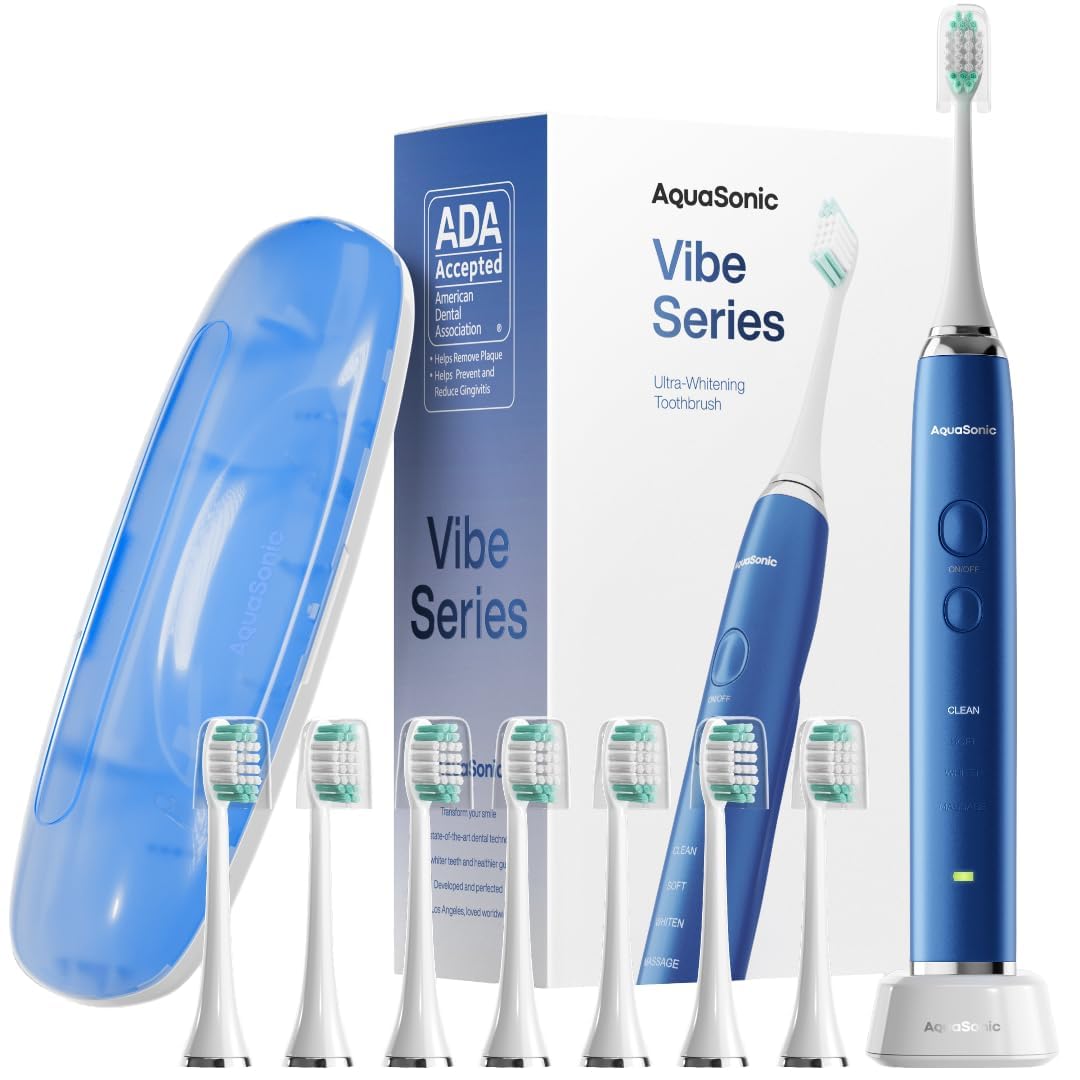 Aquasonic Vibe Series Ultra-Whitening Toothbrush – ADA Accepted Electric Toothbrush - 8 Brush Heads & Travel Case – 40,000 VPM Motor & Wireless Charging - 4 Modes w Smart Timer – Satin Rose Gold