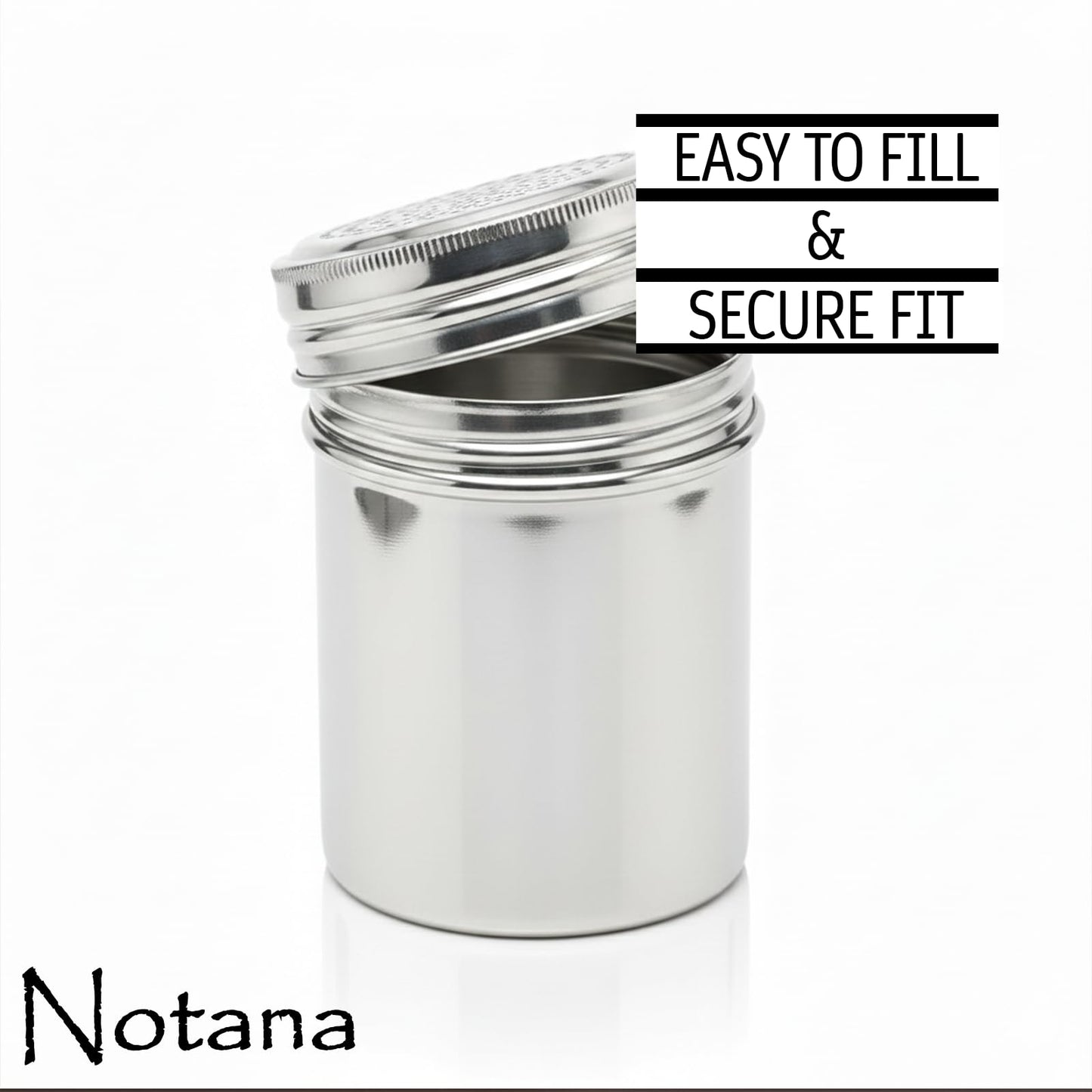 Notana 10 Ounce Stainless Steel Dredge Shaker (2 Pack) for Powder Sugar, Flour Duster for Baking, Seasoning Shaker with Lid, Metal Salt and Pepper Shakers, Cinnamon Sugar Shaker Dispenser for Kitchen