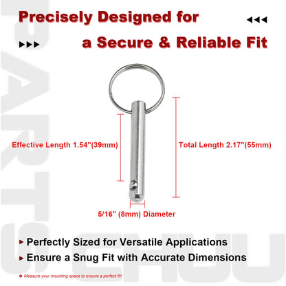 Chuuparts Set of 2 Quick Release Pins, 5/16" (8mm) Diameter, 2.17" (55mm) Total Length, 1.54" (39mm) Usable Length, Made of 316 Stainless Steel, Ideal for Bimini Tops and Marine Hardware