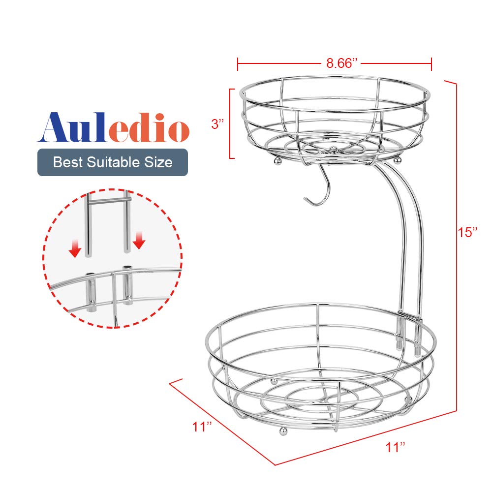 Auledio Iron 2-Tier Countertop Fruit Vegetables Basket Bowl Storage With Banana Hanger, Black, 64 ounces