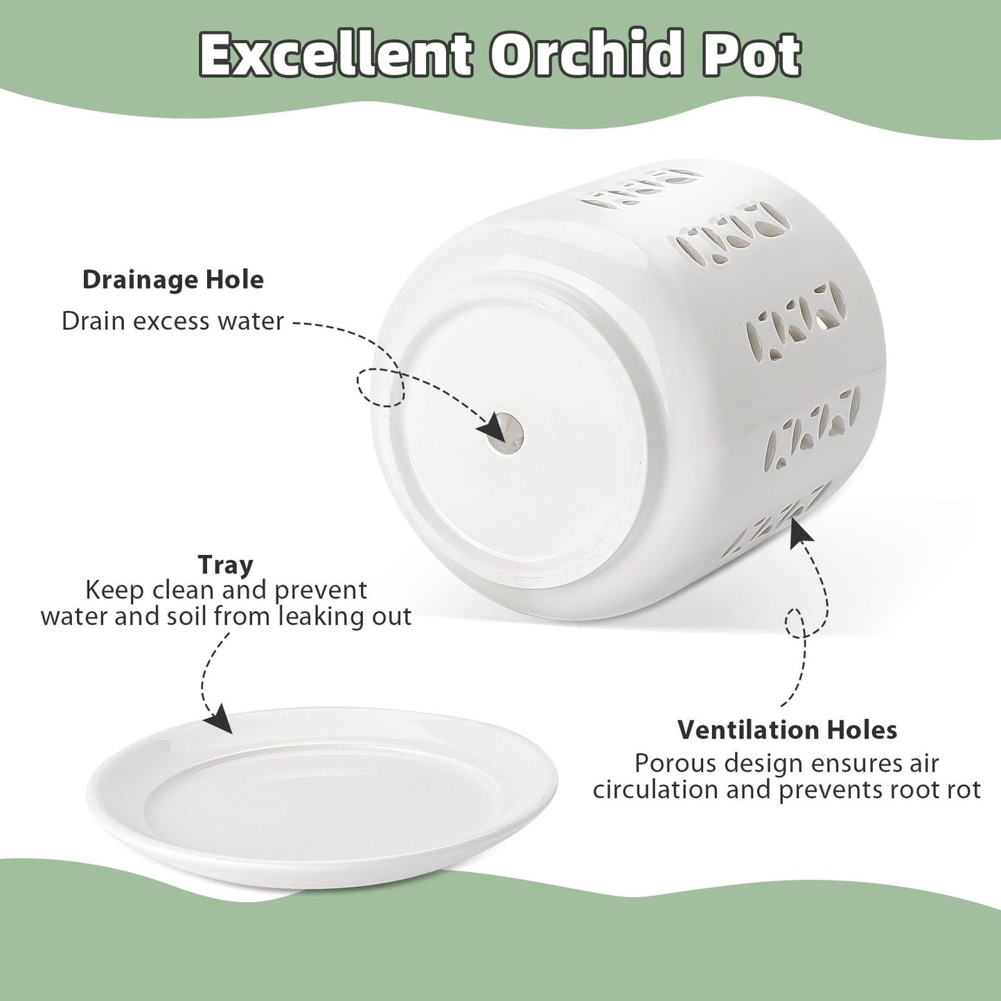 BUYMAX Ceramic Orchid Pots with Holes, 5 Inch+6 Inch Orchid Planter with Drainage Holes and Tray, Indoor Flower Pot for Repotting Orchids, Elegant White Glaze