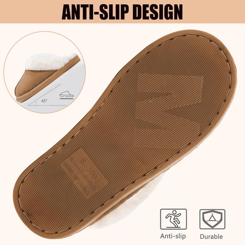 Misolin Womens Slipper Memory Foam Fluffy Slip-on House Suede Fur Lined/Anti-Skid Sole, Indoor & Outdoor Light Brown 5.5/6.5 UK, Light Brown
