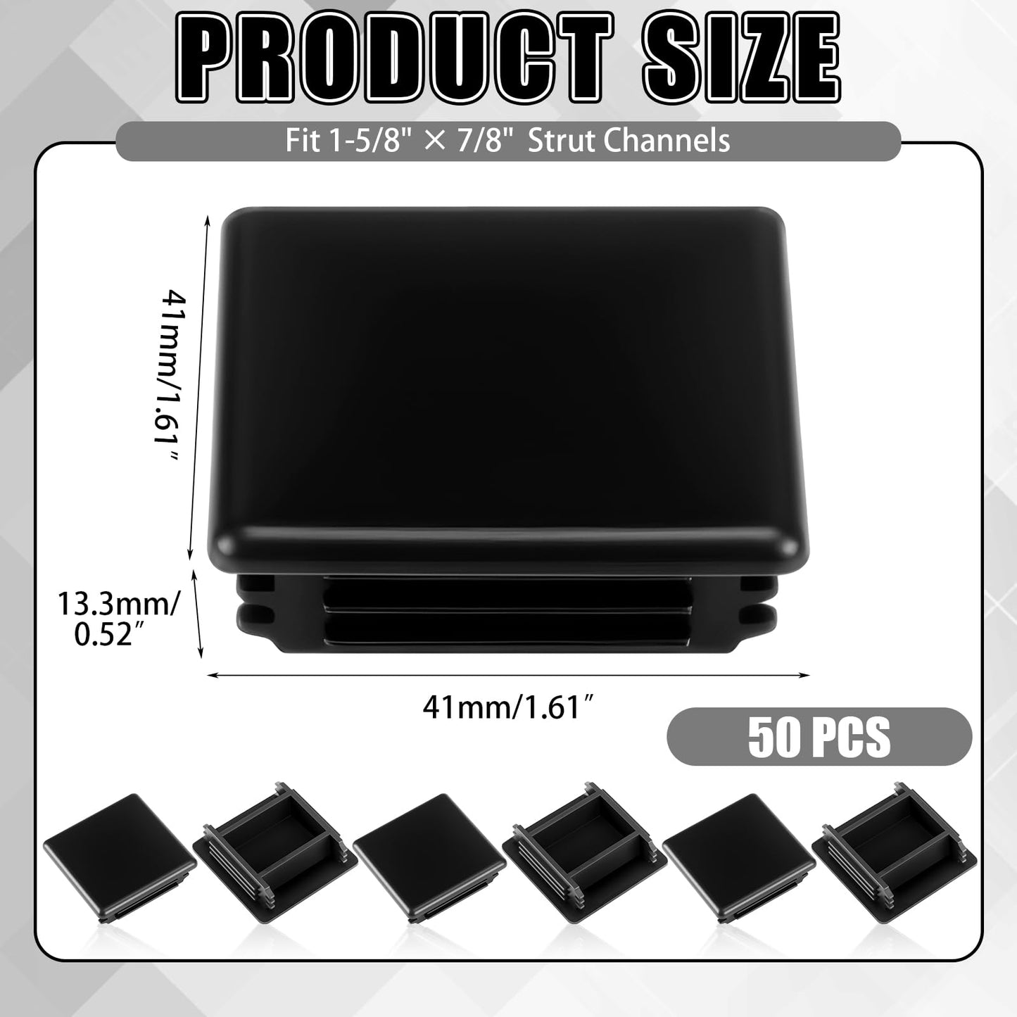 MorningRo 50 Pcs 1-5/8" Black Square Plastic Strut Channel End Caps PVC Strut Channel Safety End Caps Rectangle Plug Frame Protectors