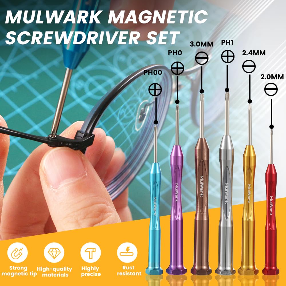 MulWark 6pc Magnetic Micro Precision Screwdriver Set - Mini Flat & Phillips Heads for Glasses, Watch, iPhone & Electronics Repair (CR-V Steel)