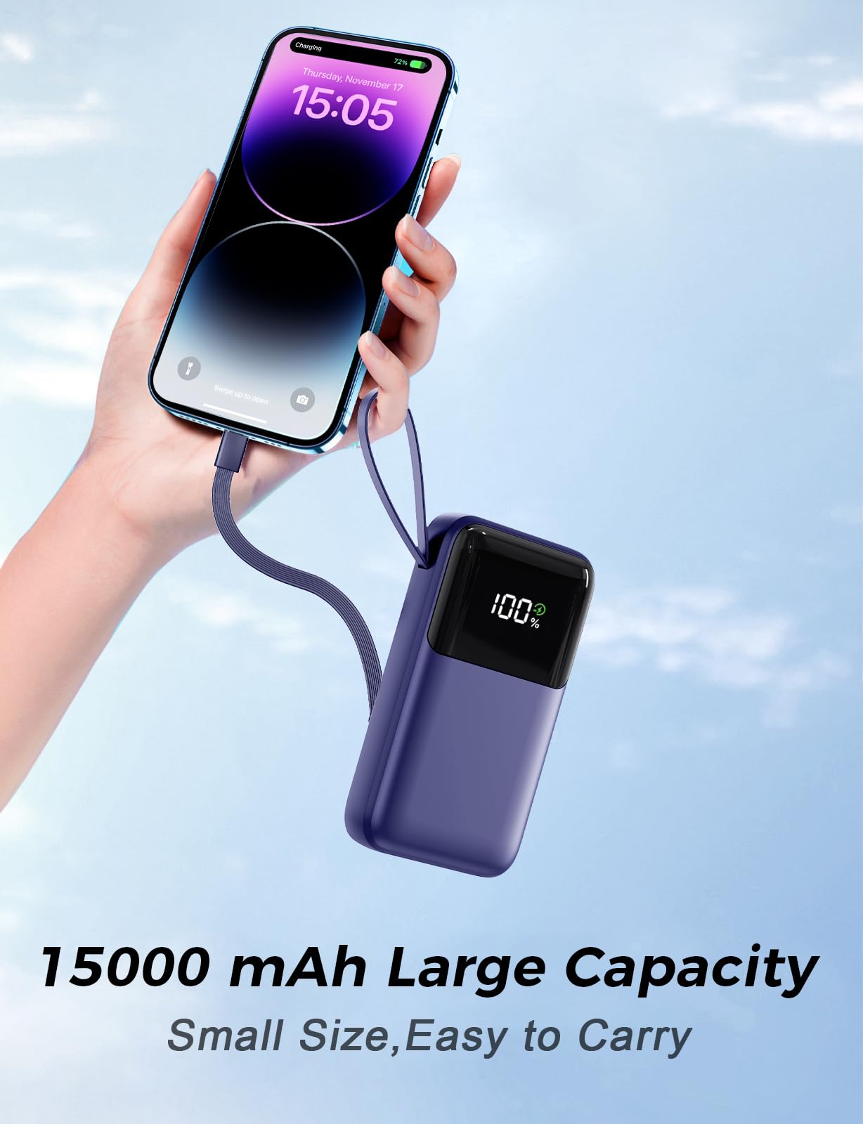 Power Bank, 15000mAh Portable Charger with Built in Cable, 22.5W Fast Charging, 6 Outputs, Slim Travel Essential Battery Pack with LED Display, Compatible with iPhone 17/16/15/14/13, Samsung, iPad