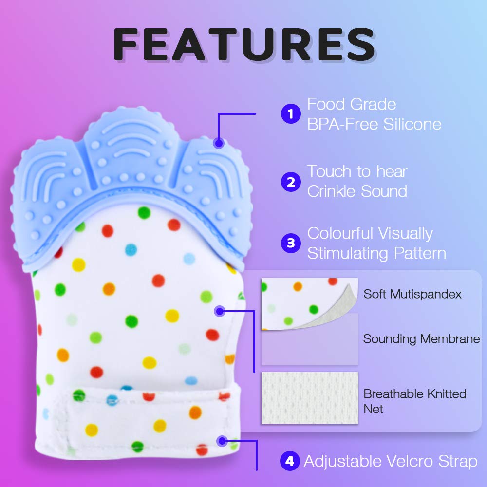 Teething Mittens for Baby (2 Pack) with Baby Teething Toys (3 Pack), Self Soothing Pain Relief Mitt, Silicone Teethers, BPA-Free, Natural Organic Freezer Safe for Infants and Toddlers