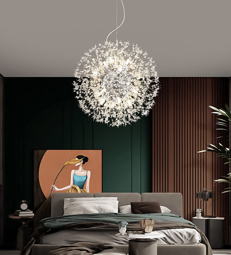 Mivenda Modern Crystal Chandeliers 16-Light Chrome Dandelion Light Fixture,Firework Chandelier,Personalized Ceiling Hanging Lighting for Living Room,Dining Room,Kitchen,Bedroom Chandelier