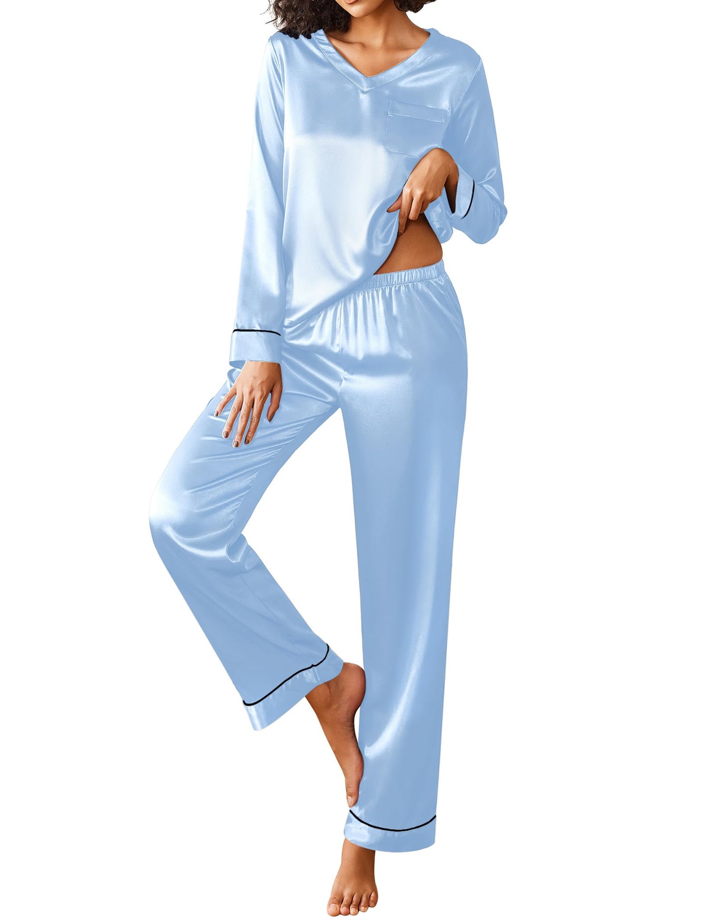 Ekouaer Silk Pajama for Women Long Sleeve Satin Pj Set Two Piece Soft Sleepwear Loungewear S-XXL