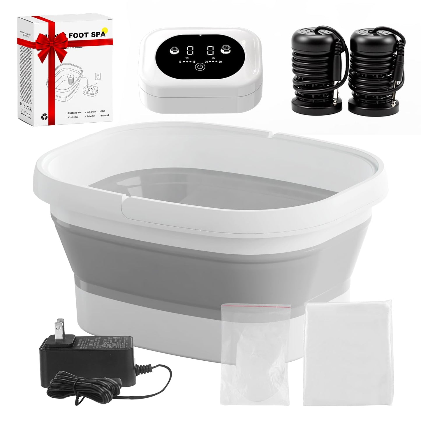 Ionic Foot Bath Detox Machine, Ionic Foot Spa to Remove Toxins with 2 Arrays, 80 Disposable Foot Bath Liners, Detoxification Sea Salt, Folding Bathtub, Gift for Women & Men