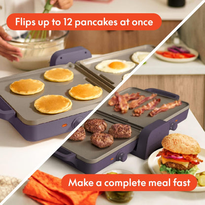Bella 10"x 20" Ceramic Fold-n-Store Dual Temp Griddle, Fits-anywhere Kitchenware, EverGood Ceramic Nonstick Coating, 2 Temperature Zones up to 400°F, Dishwasher Safe Drip Tray, 1500 Watt, Oatmilk