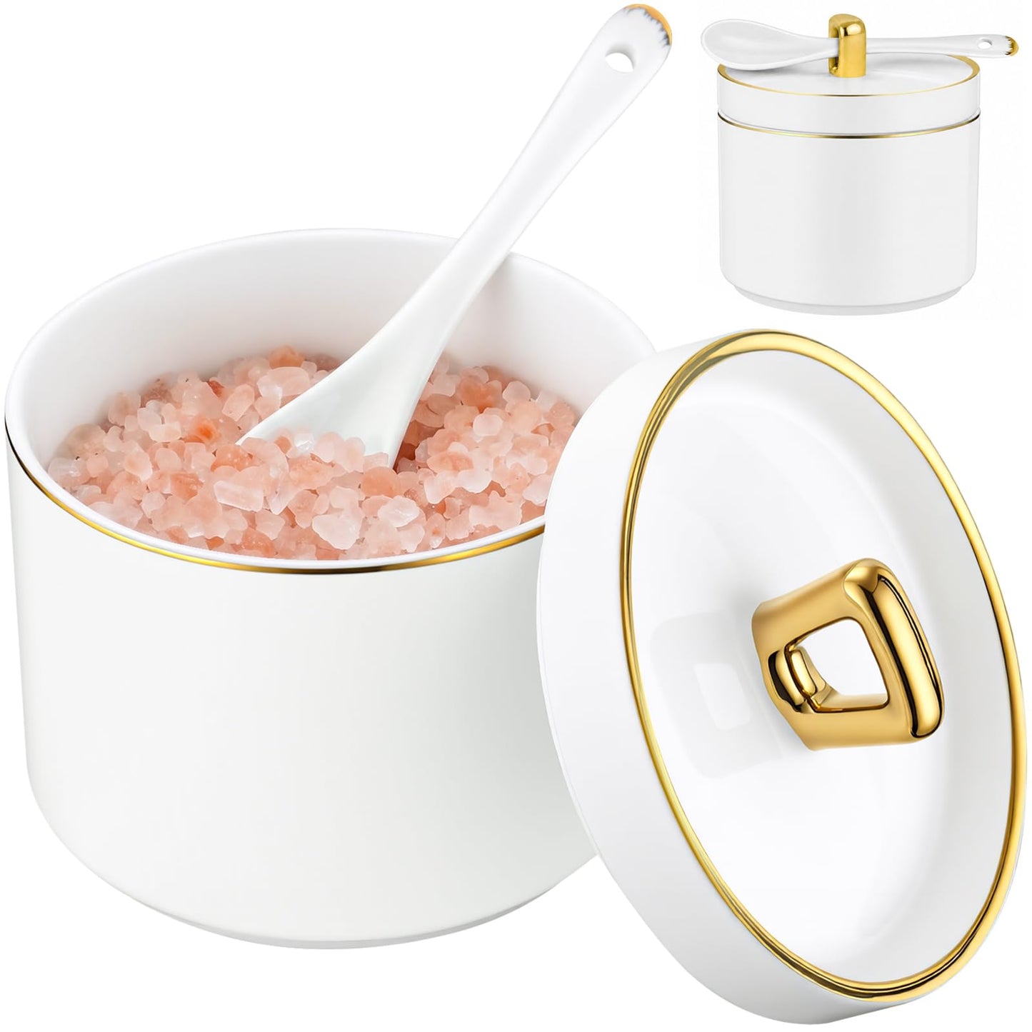 NiHome Ceramic Salt Cellar with Lid and Spoon, Seasoning Container for Salt Sugar Pepper Herbs, Smooth Non-Stick Surface & Non-Slip Base, Kitchen Storage for Countertop and Dining Table, 1 Pack