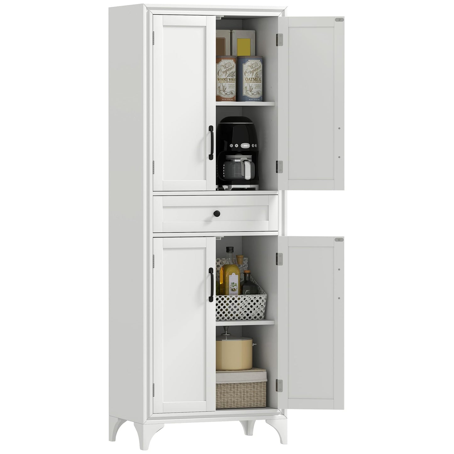 HOMCOM 67" Tall Freestanding Kitchen Pantry Cabinet, 4-Door Storage Cabinet with Drawer and Adjustable Shelves for Dining Room, White
