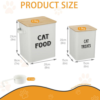 Cat Food and Treats Containers Set with Scoop for Cats or Dogs -Tight Fitting Wood Lids - Coated Carbon Steel - Storage Canister Tins-Cat-White