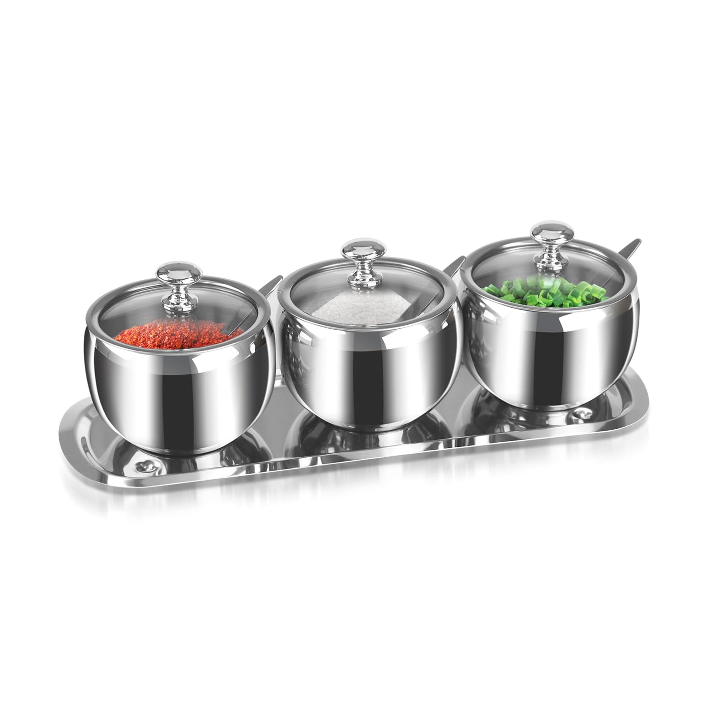 3 Grids 10 Oz Stainless Steel Sugar Bowl with Spoon Tray Lid, Silver Salt Spice Containers Dispenser Set, Sugar Jar Holder Dish for Coffee Bar Storage Seasoning Kitchen Countertop (Silver)