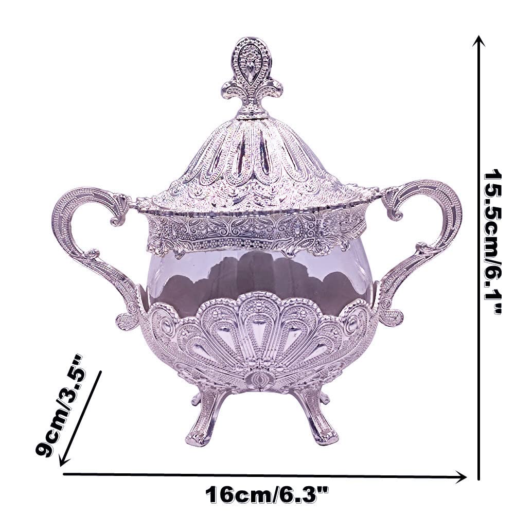 Hourwof Sugar Bowl with Lid and Spoon for Kitchen Coffee Bar and Wedding Party,Metal and Glass Sugar Container for Sugar Cube and Powder Sugar,Spice Condiment Container,Salt Server,Silver