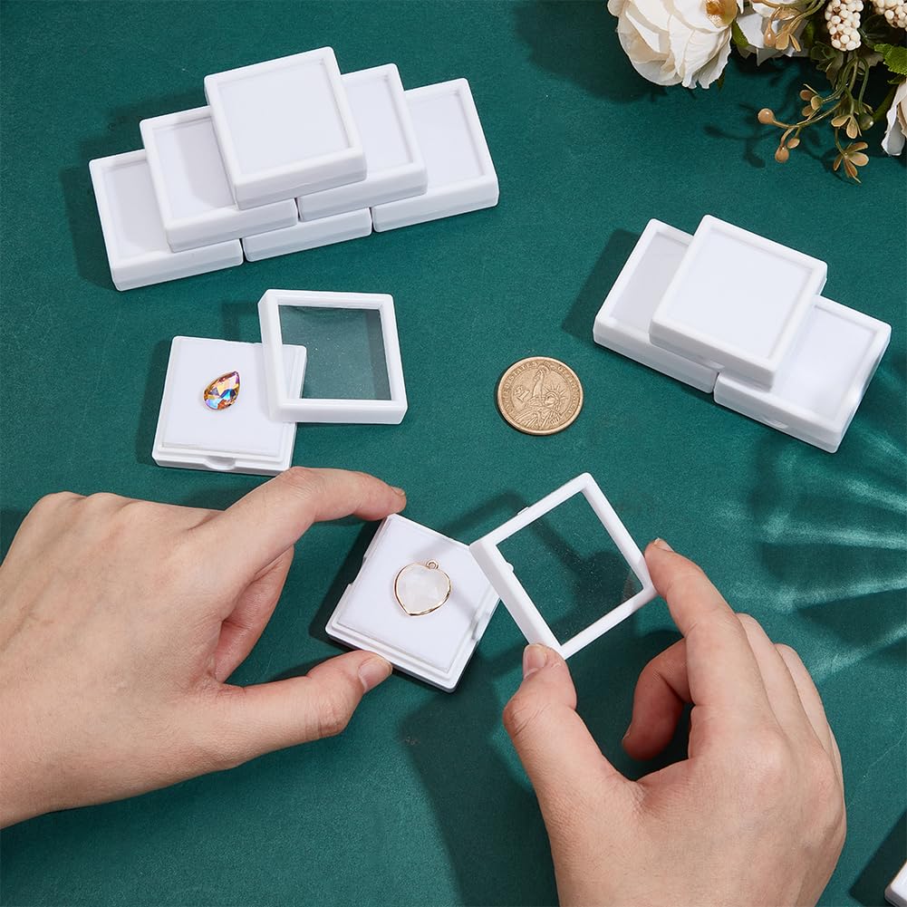 BENECREAT 48Pcs White Gemstone Display Box, 1.57x1.57x0.6Inch Plastic Transparent Bare Stone Box Square Gem Box with Clear Top Lids for Gems Jewelry Packing