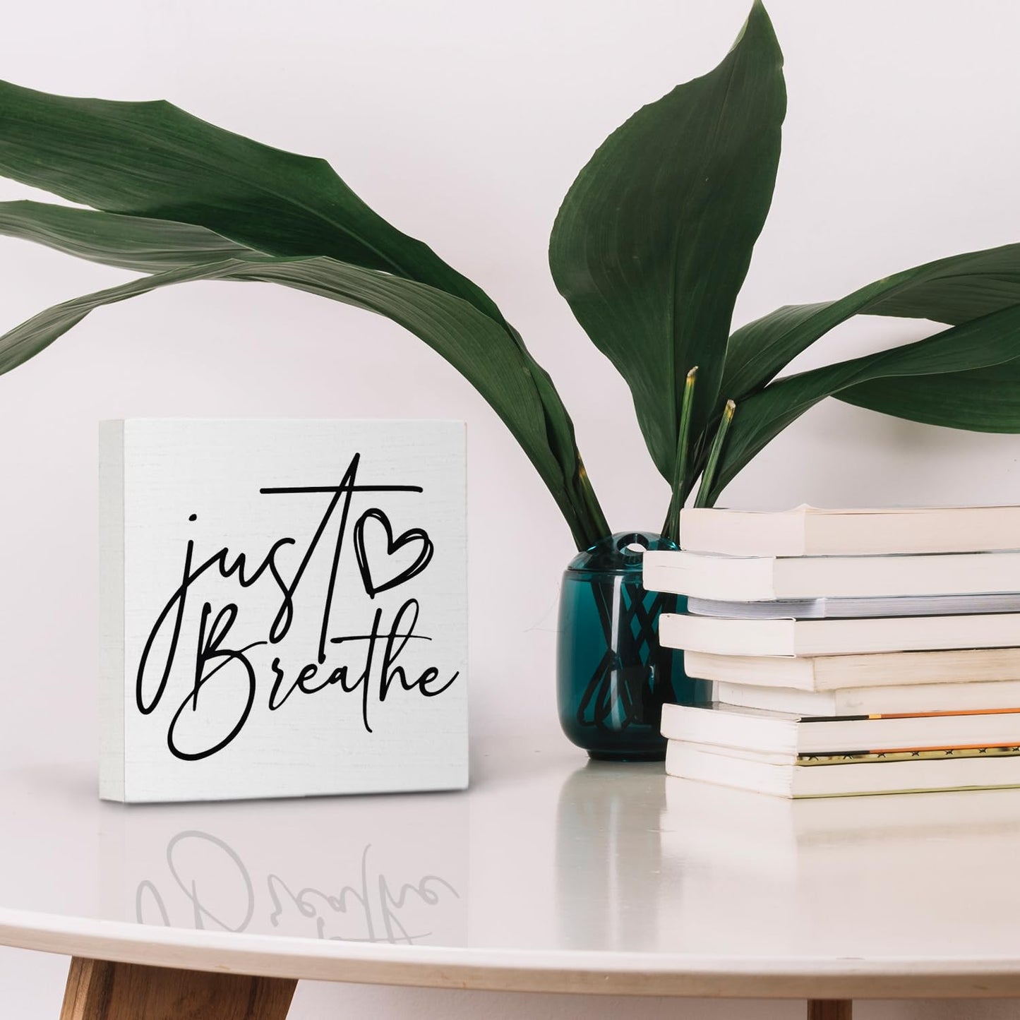 Nvotell Inspirational Desk Decor, Just Breathe Mental Health Wooden Box Sign, Motivational Positive Wood Block Plaque for Home Office Desk Shelf Tabletop Decor 5x5 Inch