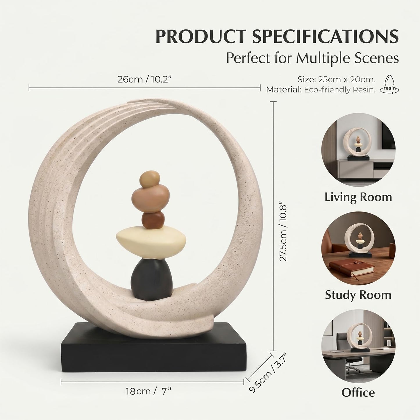 Abstract Zen Balance Sculpture, 10.4" H Modern Gold Spiral Faux Stone Stack Statue, Organic Resin Home Decor for Living Room, Bookshelf, Office, Minimalist Tabletop Art (White)