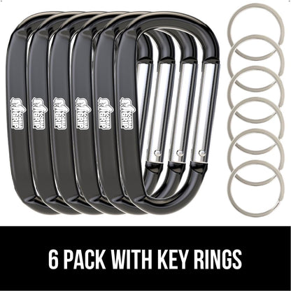 GORILLA GRIP Carabiner Clip, 3" D Ring, Pack of 6 Heavy Duty Aluminum Key Holder Clips Hold 170lbs, Rust, Scratch-Resistant Camping Essentials, Hiking Gear, Tactical Backpacking Keychains, Black