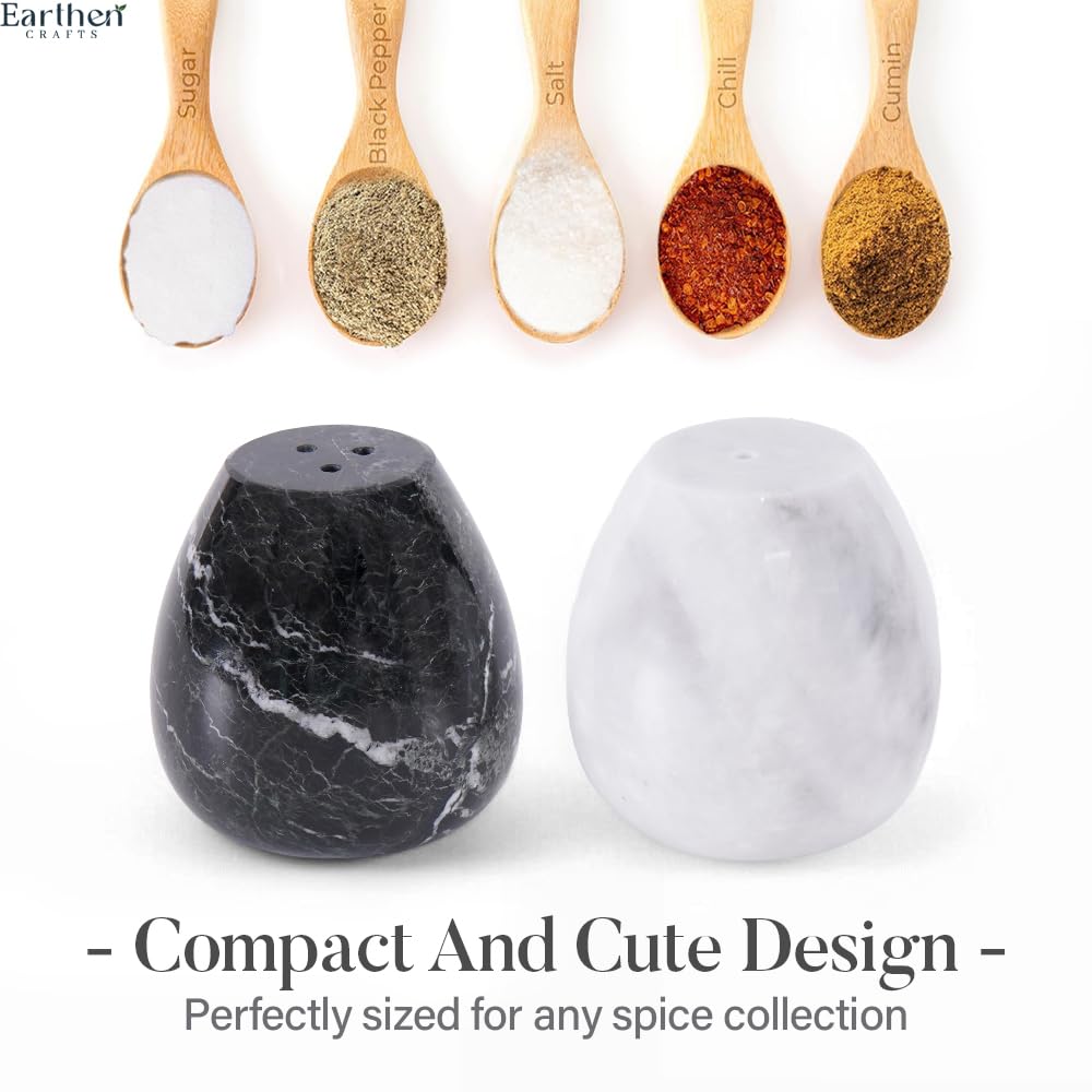 Earthen Crafts Marble Salt and Pepper Shakers Set of 2 Black & White 2.3" Inches Spice Containers, Cute Seasoning Shaker Jars for Dining Table, Kitchen Counter Shakers for Home, Restaurant