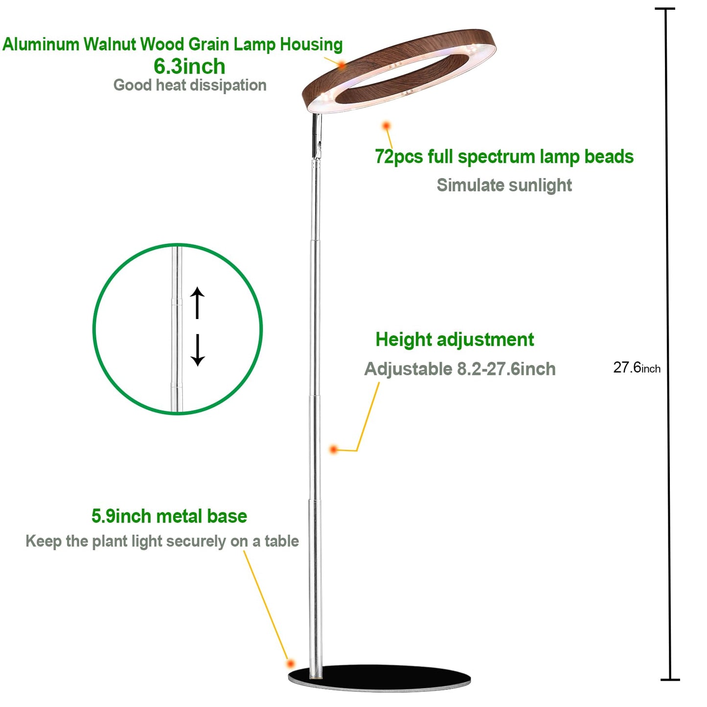 Yadoker 144 LEDs Plant Grow Light for Indoor Plant,Walnut Wood Grain Aluminum LED Grow Light with Black Base, Height Adjustable,6.3" Aluminum Housing,Automatic Timer with 8/12/16 Hours,2 Pack