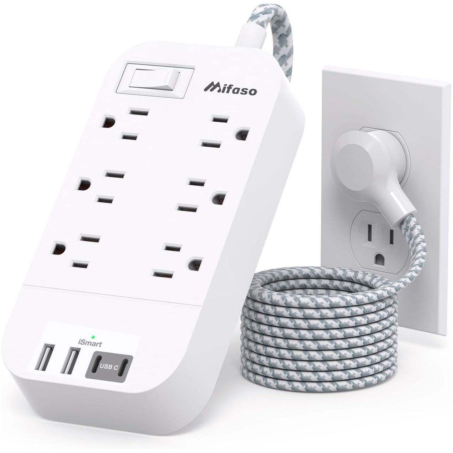 Power Strip - 10 FT Long Flat Plug Extension Cord, 6 Outlets 2 USB A 2 USB C Ports Outlet Extender with Overload Protection, Wall Mount, Desktop Charging Station for Home, Office and Dorm Essential